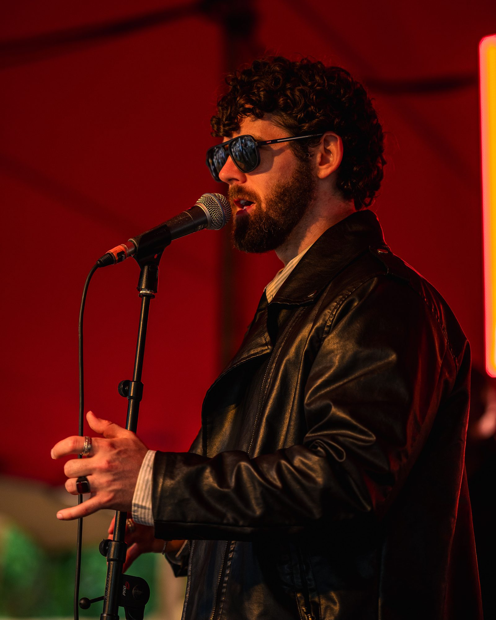 Musician performing on stage at Amsterdam Wine Festival.
